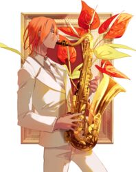  1boy ashwatthama_(fate) commentary_request dark-skinned_male dark_skin fate/grand_order fate_(series) flower highres holding instrument long_hair long_sleeves male_focus muscular muscular_male pants red_hair sakuramochi1003 saxophone solo tenor_saxophone white_pants yellow_eyes 