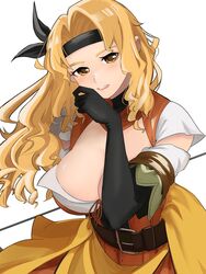  alternate_costume bad_id bad_twitter_id belt belt_buckle blonde_hair blush breasts brigid_(fire_emblem) brigid_(pirate)_(fire_emblem) brown_eyes buckle cleavage commission dress elbow_gloves female fire_emblem fire_emblem:_genealogy_of_the_holy_war fire_emblem_heroes gloves headband highres large_breasts long_hair open_mouth simple_background solo uno_(cccx01) wavy_hair white_background 