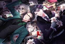  2boys ? animification araragi_soushi batman_(series) beaker black-framed_eyewear black_necktie blood blood_stain cane character_name cuffs dc_comics edward_nygma flower fur_trim glasses gloves gotham_(series) grey_gloves gun hand_up handcuffs highres knife long_sleeves looking_at_viewer lying male_focus multiple_boys necktie noose on_back oswald_chesterfield_cobblepot rope shell_casing skull vest weapon 