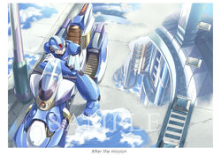  1boy android border building cloud english_text fujino_yuuki green_eyes helmet male_focus mega_man_(series) mega_man_x_(series) motor_vehicle motorcycle outdoors puddle reflection ripples sample_watermark sitting sky solo water watermark white_border x_(mega_man) 