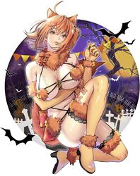  adapted_costume ahoge alternate_color animal_ears animal_hands back_bow bat_(animal) boots bow breasts brown_eyes brown_hair closed_mouth commentary cosplay elbow_gloves fate/grand_order fate_(series) female fujimaru_ritsuka_(female) full_body fur_trim gloves halloween highres katekari_yuusuke large_breasts looking_at_viewer mash_kyrielight mash_kyrielight_(dangerous_beast) mash_kyrielight_(dangerous_beast)_(cosplay) orange_footwear orange_gloves orange_tail paw_gloves pennant red_bow revealing_clothes shiny_clothes shiny_skin short_hair solo striped striped_bow thigh_boots thighhighs 