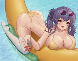  :d all_fours animal aviator_sunglasses azur_lane bad_anatomy bad_feet bad_proportions baeg_mi banana_boat bikini breasts caustics commentary eyewear_on_head female holding holding_animal huge_breasts long_hair looking_at_viewer official_alternate_costume open_mouth pola_(azur_lane) pola_(seaside_coincidence)_(azur_lane) purple_hair red_eyes side-tie_bikini_bottom skindentation smile soles solo starfish sunglasses swimsuit thighhighs twintails water wet_legwear white_thighhighs yellow_bikini 