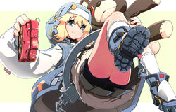  1boy androgyne_symbol aqua_eyes azuma_yukihiko bike_shorts bike_shorts_under_skirt black_gloves black_skirt blonde_hair bridget cuffs fingerless_gloves gloves guilty_gear guilty_gear_strive habit handcuffs hood hood_up hooded_jacket jacket long_sleeves looking_at_viewer male_focus medium_hair otoko_no_ko puffy_long_sleeves puffy_sleeves roger_(guilty_gear) skirt solo stuffed_animal stuffed_toy teddy_bear yo-yo 