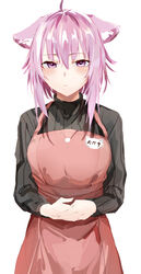  absurdres ahoge alternate_costume animal_ear_fluff animal_ears apron black_sweater blush breasts cat_ears commentary_request cowboy_shot dogxfish female highres hololive kindergarten_teacher long_sleeves looking_at_viewer medium_breasts name_tag nekomata_okayu own_hands_together pink_apron purple_eyes purple_hair ribbed_sweater short_hair_with_long_locks sidelocks simple_background solo sweater turtleneck turtleneck_sweater virtual_youtuber white_background 