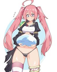  1other ahoge arm_at_side ass_visible_through_thighs blue_eyes blush breasts female flying_sweatdrops groin_tendon hair_between_eyes long_hair milim_nava oerba_yun_fang pink_hair rimuru_tempest rimuru_tempest_(slime) single_thighhigh slime_(creature) small_breasts striped_clothes striped_thighhighs sweatdrop tensei_shitara_slime_datta_ken thighhighs thighs tilt-shift_(azalanz) twintails very_long_hair 