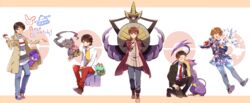  5boys :d aegislash banette coat crossover egg formal highres holding holding_poke_ball houjou_emu kamen_rider kamen_rider_build_(series) kamen_rider_drive_(series) kamen_rider_ex-aid_(series) kamen_rider_ghost_(series) kamen_rider_zi-o_(series) kiryuu_sento lab_coat liepard looking_at_viewer multiple_boys necktie on_one_knee open_mouth poipole poke_ball poke_ball_(basic) poke_ball_symbol pokemon pokemon_(creature) pokemon_egg sitting smile standing suit tenkuuji_takeru togepi_egg togetic tokiwa_sougo tomari_shinnosuke yoshino_(gunform) 