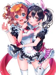  2girls :o absurdres black_hair blue_eyes blush bow bowtie breasts chelsea0327 cleavage collarbone frilled_skirt frills garter_straps hair_between_eyes highres index_finger_raised kosaka_honoka love_live! love_live!_school_idol_project medium_breasts mogyutto_&quot;love&quot;_de_sekkin_chuu! multiple_girls orange_hair pink_bow pink_skirt red_bow red_bowtie red_eyes short_sleeves signature simple_background skirt standing sweatdrop thighhighs tongue tongue_out twintails white_background white_thighhighs wristband yazawa_nico 