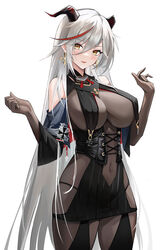  absurdres aegir_(azur_lane) azur_lane black_cape bodystocking breast_curtains breasts cape covered_navel cross cross-laced_clothes cross_earrings demon_horns earrings female hai_binggan hands_up highres horns jewelry large_breasts long_hair multicolored_hair red_hair simple_background smile solo standing streaked_hair underbust very_long_hair white_background white_hair yellow_eyes 