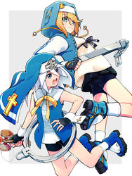  2boys androgyne_symbol aqua_eyes azuma_yukihiko bike_shorts bike_shorts_under_skirt black_gloves black_shorts black_skirt blonde_hair blue_dress blue_eyes bow bridget bridget_(guilty_gear)_(cosplay) cosplay cross cuffs dress fingerless_gloves genis_sage gloves guilty_gear guilty_gear_strive guilty_gear_xx habit handcuffs highres holding holding_toy hood hood_up hooded_jacket hoodie jacket kendama latin_cross long_sleeves looking_at_another looking_back male_focus mars_symbol medium_hair mithos_yggdrasill multiple_boys nun open_clothes open_hoodie open_mouth otoko_no_ko puffy_long_sleeves puffy_sleeves ribbon shorts skirt tales_of_(series) tales_of_symphonia toy white_hair yellow_bow yellow_ribbon 