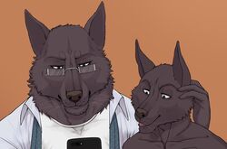  age_difference anthro anya_(repzzmonster) canid canine canis clothing duo electronics eyewear father_(lore) father_and_child_(lore) father_and_son_(lore) glasses looking_at_object looking_at_phone male mammal mauri_(repzzmonster) older_male parent_(lore) parent_and_child_(lore) parent_and_son_(lore) phone repzzmonster shirt son_(lore) topwear whiskers wolf younger_male 