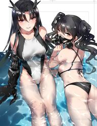  2girls ass back bikini black_bikini black_hair breasts brown_eyes commentary_request competition_swimsuit cowboy_shot executioner_(girls&#039;_frontline) girls&#039;_frontline horns long_hair looking_at_viewer lying mechanical_arms medium_breasts multiple_girls on_stomach one-piece_swimsuit parted_lips partially_submerged red_eyes respirator sangvis_ferri scarecrow_(girls&#039;_frontline) single_mechanical_arm sitting smile swimsuit twintails unfinished water wavy_hair zen_juraku 