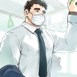  1boy bara between_pectorals bus covered_nipples formal male_focus mask mature_male motor_vehicle mouth_mask muscular muscular_male necktie necktie_between_pectorals original pectorals salaryman shirt short_hair solo suit surgical_mask suv_(suv032) thick_eyebrows white_shirt 