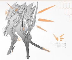  absurdres chyan commentary detached_horns highres holding holding_sword holding_weapon honeycomb_(pattern) horns mecha monochrome no_humans orange_theme original reverse-jointed_legs reverse_grip robot single_horn sword symbol-only_commentary weapon 