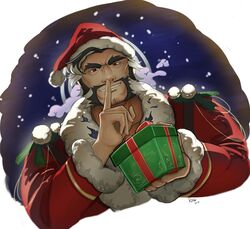  1boy black_hair christmas daikoku_(housamo) gift halo halo_behind_head highres male_focus mature_male muscular muscular_male red_eyes riner_(rinerr_r) smile solo tokyo_afterschool_summoners white_hair 