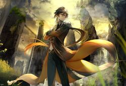  1boy bird black_hair black_jacket border0715 cloud commentary_request crossed_arms feet_out_of_frame formal frown genshin_impact gradient_hair grass highres jacket long_hair long_jacket looking_at_viewer male_focus monument multicolored_hair open_clothes open_jacket orange_eyes orange_hair orange_sky outdoors ponytail shirt sky solo suit two-tone_hair very_long_hair white_shirt zhongli_(genshin_impact) 