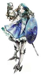  armor blue_skirt chainmail earrings female full_body gauntlets gloves greaves grey_eyes grey_footwear grey_gloves holding holding_sword holding_weapon jewelry long_hair looking_at_viewer rapier sheath shield shirahama_kamome simple_background skirt solo sonorous_sky:_kenso_no_sora standing sword wavy_hair weapon white_background 