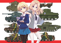  2girls anteater bird black_necktie black_pantyhose blazer blonde_hair blouse blue_eyes blue_skirt blue_sweater braid chi-hatan_(emblem) churchill_(tank) closed_mouth collared_shirt commentary cup darjeeling_(girls_und_panzer) dress_shirt duck elbow_on_another&#039;s_shoulder emblem girls_und_panzer grey_jacket hair_intakes head_tilt highres holding holding_cup holding_saucer jacket jeep kay_(girls_und_panzer) long_hair long_sleeves looking_at_viewer m4_sherman military military_vehicle miniskirt motor_vehicle multiple_girls necktie ooarai_(emblem) open_clothes open_jacket pantyhose pleated_skirt red_skirt saitaniya_ryouichi saucer saunders_(emblem) saunders_school_uniform school_uniform shirt short_hair side-by-side skirt sleeves_rolled_up smile st._gloriana&#039;s_(emblem) st._gloriana&#039;s_school_uniform standing sweater tank teacup thighhighs tied_hair twin_braids type_3_chi-nu type_89_i-gou type_95_ha-gou type_97_chi-ha v-neck white_legwear white_shirt wing_collar 