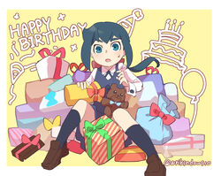  arikindows10 black_ribbon blue_eyes blue_hair blue_skirt blue_vest blush bow box brown_footwear collared_shirt constanze_amalie_von_braunschbank-albrechtsberger female gift gift_box hairbow happy_birthday legs little_witch_academia loafers long_sleeves luna_nova_school_uniform neck_ribbon open_mouth ponytail red_bow ribbon school_uniform shirt shoes sidelocks sitting skirt socks solo stuffed_animal stuffed_toy sweatdrop teddy_bear thick_eyebrows twitter_username vest white_shirt 