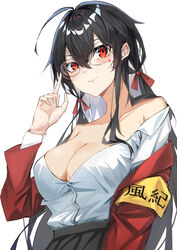  absurdres armband azur_lane bad_id bad_pixiv_id bare_shoulders black_hair breasts button_gap cleavage female highres jacket large_breasts long_hair looking_at_viewer official_alternate_costume open_clothes open_jacket partially_unbuttoned red_eyes red_jacket round_eyewear school_uniform shirt_tucked_in simple_background solo soranoki taihou_(azur_lane) taihou_(sweet_time_after_school)_(azur_lane) white_background yellow_armband 