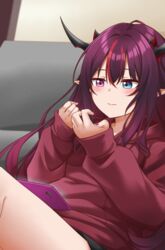  absurdres alternate_costume black_shorts blush cellphone couch female gacha hair_behind_ear heterochromia highres hololive hololive_english hood hoodie horns irys_(hololive) jan_azure long_hair meme multicolored_hair multiple_horns phone pointy_ears purple_hair purple_nails red_hair red_hoodie shorts sitting smartphone solo streaked_hair textless_version virtual_youtuber 