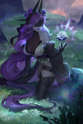  bare_shoulders black_dress black_gloves black_thighhighs breasts cleavage collarbone commentary_request dress elbow_gloves female gloves grass hair_intakes headgear highres kneeling l+_(colour0816) large_breasts league_of_legends long_hair magic outdoors plant purple_hair purple_lips see-through solo syndra thighhighs veil_over_eyes very_long_hair wavy_hair withered_rose_syndra 