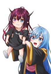  2girls :3 absurdres aged_down alternate_costume blue_eyes blue_hair blush detached_wings elie_wayne full_body heterochromia highres hololive hololive_english horns irys_(hololive) jan_azure lifting_person long_hair meme multiple_girls multiple_horns oerba_yun_fang open_mouth original oversized_clothes oversized_shirt pink_shirt purple_eyes purple_hair shirt short_hair smile virtual_youtuber wings 