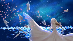  absurdres blonde_hair bow_(music) closed_eyes closed_mouth collarbone commentary_request dress facing_viewer female floating_clothes floating_hair highres holding holding_instrument holding_violin instrument long_dress long_hair miyazono_kawori music night night_sky outdoors petals playing_instrument shigatsu_wa_kimi_no_uso shiroi_sange sky sleeveless sleeveless_dress solo star_(sky) starry_sky sundress very_long_hair violin white_dress 