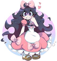  2017 black_eyes black_hair blush clenched_teeth cosplay fairy_tale_girl_(pokemon) fairy_tale_girl_(pokemon)_(cosplay) female full_body hair_ribbon hex_maniac_(pokemon) highres long_hair milka_(milk4ppl) pink_background pink_ribbon pokemon pokemon_(game) pokemon_xy polka_dot polka_dot_background puffy_short_sleeves puffy_sleeves ribbon sandals short_sleeves signature socks solo standing sweat teeth white_legwear 