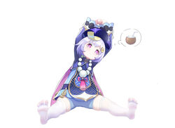  arms_up bad_id bad_pixiv_id bendy_straw blue_dress blue_shorts coconut commentary_request dress drinking_straw feet female fruit_cup full_body genshin_impact hair_ornament hat highres leaning_to_the_side long_sleeves no_shoes pantyhose purple_eyes purple_hair purple_hat qingdai_guanmao qiqi_(genshin_impact) short_shorts shorts simple_background sitting soles solo takanoriha_kasui talisman thought_bubble white_background white_pantyhose wide_sleeves 