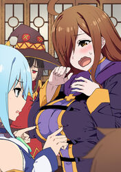  1boy 3girls ahoge aqua_(konosuba) blue_eyes blue_hair blush breast_poke breasts brown_eyes brown_hair commentary_request flying_sweatdrops half-closed_eyes hat highres kono_subarashii_sekai_ni_shukufuku_wo! large_breasts megumin meme morimoto_kiyona multiple_girls nipple_guessing_game_(meme) open_mouth poking red_eyes satou_kazuma smile sweatdrop wavy_mouth witch_hat wiz_(konosuba) yuri 