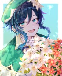  1boy androgynous beret black_hair blue_hair bouquet bow braid cape cecilia_flower_(genshin_impact) collared_cape collared_shirt commentary dandelion english_text flower genshin_impact gradient_hair green_background green_eyes green_hat hair_flower hair_ornament happy_birthday hat highres holding holding_bouquet leaf looking_at_viewer male_focus multicolored_hair open_mouth red_flower rikka_44 shirt short_hair_with_long_locks simple_background smile solo twin_braids venti_(genshin_impact) white_flower white_shirt windwheel_aster_(genshin_impact) 