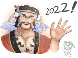  1boy 2022 bara black_hair closed_eyes daikoku_(housamo) goodbye halo halo_behind_head highres male_focus mature_male muscular muscular_male new_year pectorals riner_(rinerr_r) smile solo tokyo_afterschool_summoners white_hair 