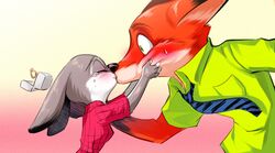  anthro anthro_on_anthro black_nose blush bodily_fluids canid canine closed_eyes clothed clothing digit_ring disney duo engagement_ring fox fur gradient_background green_eyes grey_body grey_fur hi_res jewelry judy_hopps kissing lagomorph leporid mammal necktie nick_wilde orange_body orange_fur rabbit red_fox ring shirt simple_background su_bb sweat sweatdrop tears topwear true_fox wedding_ring zootopia 