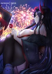  aerial_fireworks artist_name azur_lane bare_shoulders black_hair black_kimono black_thighhighs blush breasts commentary_request female fireworks flower folded_fan folding_fan friedrich_der_grosse_(azur_lane) friedrich_der_grosse_(dark_raiments_of_gagaku)_(azur_lane) garter_straps hair_flower hair_ornament hand_fan highres holding holding_fan horns huge_breasts japanese_clothes kimono large_breasts long_hair long_sleeves looking_away manjuu_(azur_lane) off_shoulder official_alternate_costume parted_lips patreon_logo patreon_username red_flower red_horns sitting smile solo thighhighs thighs tnolize very_long_hair web_address wide_sleeves 