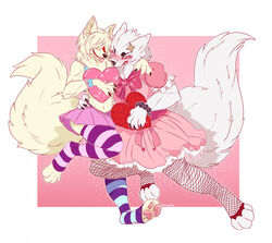  alternative_fashion anthro blep blush canid canine clothed clothing crossdressing dress duo facial_scar femboy fishnet_clothing fizzy-dog fox fur gingitsune gintaro heart_pillow hi_res j-fashion kinjiro leg_warmers legwear lolita_(fashion) male mammal pawpads pillow scar sweet_lolita thong tongue tongue_out underwear white_body white_fur yellow_body yellow_fur 