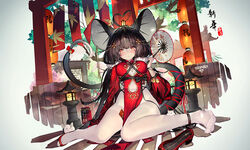  animal_ears black_hair bodystocking breasts chinese_commentary chinese_zodiac commentary cross-laced_clothes dk.senie facial_mark female lantern long_hair looking_at_viewer medium_breasts mouse_(animal) mouse_ears mouse_tail nengajou new_year original pelvic_curtain photoshop_(medium) red_eyes shoes sideless_outfit sitting solo tail twintails unworn_shoes white_legwear year_of_the_rat 