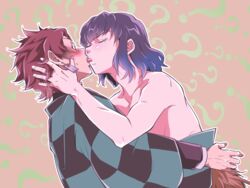  2boys ? black_hair blush checkered_haori closed_eyes commentary_request demon_slayer_uniform hanafuda_earrings hand_on_another&#039;s_cheek hand_on_another&#039;s_face haori hashibira_inosuke highres japanese_clothes kamado_tanjirou kimetsu_no_yaiba kissing male_focus multiple_boys myukom partial_commentary red_hair short_hair topless_male yaoi 