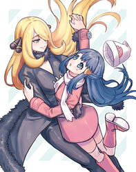  2girls :o beanie black_coat black_hair black_pants blonde_hair blush boots breasts cleavage closed_mouth coat commentary_request cynthia_(pokemon) dawn_(pokemon) floating_hair fur-trimmed_coat fur_collar fur_trim grey_eyes hair_ornament hair_over_one_eye hairclip hat highres holding_hands izumi_(2476264) leg_up long_hair long_sleeves looking_up multiple_girls over-kneehighs pants poke_ball_print pokemon pokemon_dppt pokemon_platinum scarf sweatdrop thighhighs v-neck very_long_hair white_headwear white_scarf yuri 