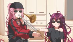  2girls :3 absurdres aged_down baseball_cap commentary english_commentary hakos_baelz hat highres hololive hololive_english horns instrument irys_(hololive) jan_azure long_hair meme mori_calliope mori_calliope_(streetwear) multiple_girls pink_hair pointy_ears ponytail purple_hair red_hair sunglasses trombone upper_body very_long_hair virtual_youtuber when_mama_isn&#039;t_home_(meme) when_you_see_it 