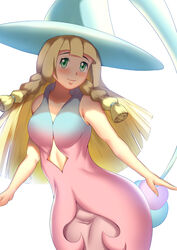  blonde_hair blue_headwear blunt_bangs braid breasts commentary_request commission cosplay dress female gradient_dress green_eyes hadant hatterene hatterene_(cosplay) lillie_(pokemon) long_hair looking_at_viewer photoshop_(medium) pokemon pokemon_sm simple_background sleeveless sleeveless_dress small_breasts solo standing twin_braids white_background 