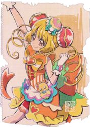  artist_logo blonde_hair commentary_request cure_yum-yum delicious_party_precure eyelashes female graph_paper hair_ornament hanamichi_ran happy kamikita_futago long_hair looking_at_viewer magical_girl mem-mem_(precure) official_art paper_background precure red_eyes signature smile solo stamp_mark standing torn_paper twintails upper_body watercolor_background wrist_cuffs 