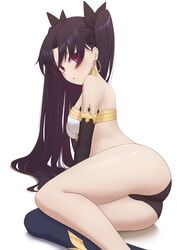  absurdres armlet ass bangs bare_shoulders bikini black_hair black_legwear bracelet breasts detached_sleeves earrings fate/grand_order fate_(series) female gold_trim hair_ribbon highres hoop_earrings ishtar_(fate) ishtar_(fate)_(all) jewelry long_hair looking_at_viewer medium_breasts mismatched_bikini neck_ring parted_bangs red_eyes ribbon single_detached_sleeve single_thighhigh solo swimsuit thighhighs thighs two_side_up yihsien 