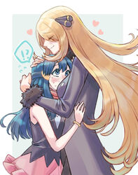  !? 2girls age_difference black_coat black_shirt blonde_hair blush bracelet closed_eyes closed_mouth coat commentary_request cynthia_(pokemon) dawn_(pokemon) flying_sweatdrops from_side fur-trimmed_coat fur_collar fur_trim hair_ornament hairclip heart height_difference highres hug izumi_(2476264) jewelry long_hair long_sleeves multiple_girls pink_skirt pokemon pokemon_dppt shirt skirt sleeveless sleeveless_shirt smile spoken_interrobang sweat wavy_hair yuri 