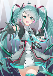  :d absurdres antenna_hair aqua_eyes aqua_hair azusa_(azunyan12) black_gloves black_necktie commentary cowboy_shot dress english_commentary female gloves gradient_background hair_ornament hand_in_hand_(vocaloid) hatsune_miku headpiece highres holding long_hair looking_at_viewer magical_mirai_(vocaloid) magical_mirai_miku magical_mirai_miku_(2015) microphone multicolored_clothes multicolored_dress necktie open_mouth outstretched_arm outstretched_hand puffy_sleeves ribbon short_sleeves simple_background smile solo striped striped_ribbon swept_bangs teeth thigh_strap twintails upper_teeth_only very_long_hair vocaloid 