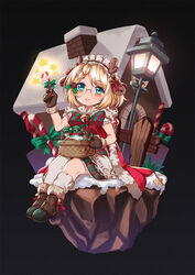  aged_down animal_ears antlers blonde_hair blue_eyes blush boots candy candy_cane christmas commentary deer_ears female food g36_(every_child&#039;s_x&#039;mas_dream)_(girls&#039;_frontline) g36_(girls&#039;_frontline) g36_(mini_maid)_(girls&#039;_frontline) gingerbread_house girls&#039;_frontline glasses highres horns korean_commentary lamppost maid_headdress official_alternate_costume persocon93 picnic_basket reindeer_antlers solo 