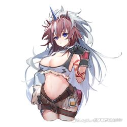  arknights artist_name bare_shoulders belt belt_buckle black_belt black_bra black_gloves blue_eyes bra bra_tug breasts brown_hair brown_shorts buckle cleavage cowboy_shot cropped_legs female gloves highres horns id_card kirin_(armor) kirin_r_yato_(arknights) large_breasts looking_at_viewer midriff monster_hunter_(series) navel official_alternate_costume rockyroo short_shorts shorts simple_background solo stomach thighs underwear white_background yato_(arknights) 