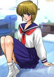  bed blue_eyes brown_hair chair female highres hiyama_hikaru infirmary kimagure_orange_road mole mole_under_eye office_chair open_mouth oyaman school_uniform short_hair sitting solo swivel_chair 