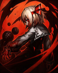  blonde_hair blood blood_in_hair blood_on_clothes blood_on_face blood_on_hands bow claws female fingernails frills hairbow highres long_fingernails looking_at_viewer red_eyes rumia sharp_fingernails short_hair solo spark621 teeth touhou 