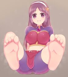  asamiya_athena bare_legs barefoot breasts crop_top cropped_shirt feet female foot_focus full_body highres large_breasts legs_apart long_hair looking_at_viewer midriff open_mouth psycho_soldier purple_eyes purple_hair sitting smile snk soles solo spread_legs the_king_of_fighters toes unikurage v_legs 