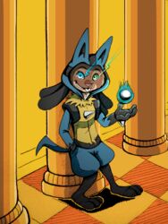  3:4 anthro clothing column cosplay costume crossover crossover_cosplay generation_4_pokemon heterochromia jake_thumpings lagomorph leporid lucario magic_eye male mammal nintendo pillar pokemon pokemon_(species) rabbit sans_(undertale) sendraxmon solo undertale undertale_(series) 